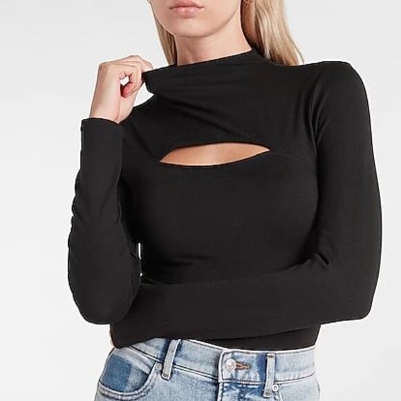 Express Body Contour Cozy Mock Neck Cutout Bodysuit Black - Picture 1 of 7